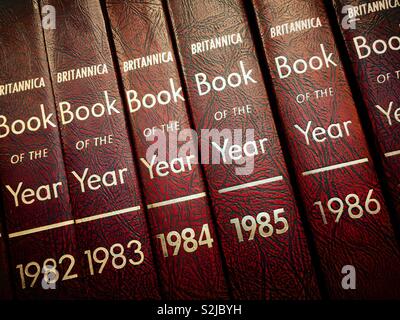 Books of the year 1982 through 1986 of the Encyclopaedia Britannica in the New York City public library, USA Stock Photo