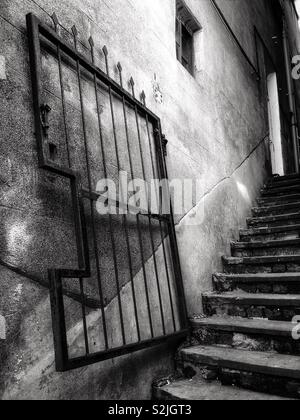 Black and white image of an open wrought iron gate giving access to a flight of steps Stock Photo