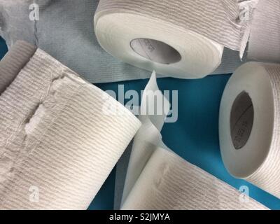Four toilet rolls paper close up on blue background Stock Photo