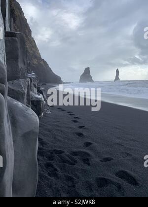 Reynisfjara is world famous black sand beach near the South Coast of Iceland. Stock Photo