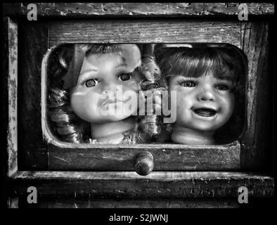 Two dolls heads enclosed in a wooden container. Where’s the rest of their bodies? Weird, funny or just plain grotesque? An image with a message? Photo Credit - © COLIN HOSKINS. Stock Photo