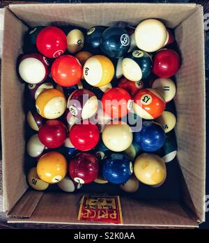 Vintage pool balls in old cardboard box for sale Stock Photo