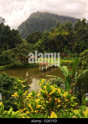 View of Stairway to Heaven Trail in Kaneohe, Hawaii also known as Haʻikū Stairs or Haʻikū Ladder as seen from Haiku Gardens. Stock Photo