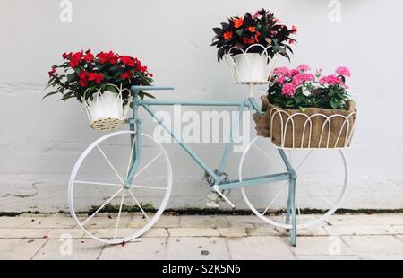 Decorative bike with potted flowers Stock Photo