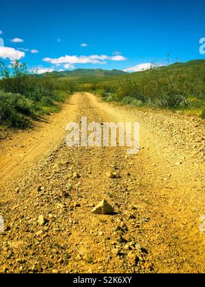 Desert dirt road leading through green fields in spring towards mountains beyond under bright blue sky with white clouds. Stock Photo