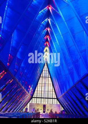 Colorado Springs, Colorado, USA - March 25, 2019: Interior of the Cadet Chapel at the U.S. Air Force Academy looking towards the pulpit. Stock Photo