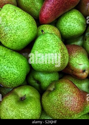 Full frame of fresh delicious ripe raw forelle pears on display and for sale at the local produce market. Stock Photo