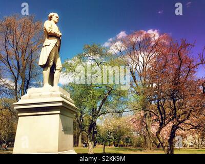 The granite standing figure of Alexander Hamilton is a monument in central park, New York City, USA Stock Photo