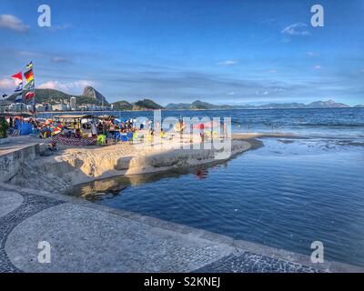 View of Sugarloaf Mountain from the promenade in Copacabana, Rio de Janeiro, Brazil. Stock Photo