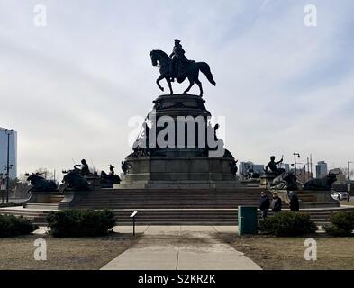 Washington Monument at Eakins Oval. Just in front of the stairs of the Philadelphia Museum of Art. Stock Photo