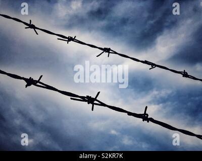 Barbed wire against dramatic blue sky Stock Photo