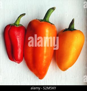 Trio of red, orange and yellow sweet mini bell peppers on a white surface Stock Photo