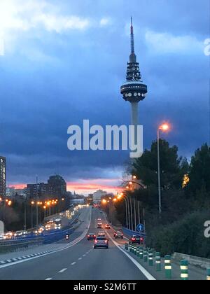 Highway and communications antenna. Night view. Madrid, Spain. Stock Photo