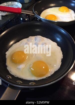 Two eggs frying in a stovetop skillet, USA Stock Photo