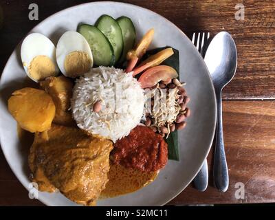 Overhead shot of Malaysian traditional nasi lemak Stock Photo