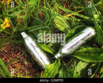 Discarded nitrous oxide canisters discarded in grass meadow. N2O is an illegal high, also known as hippy crack Stock Photo
