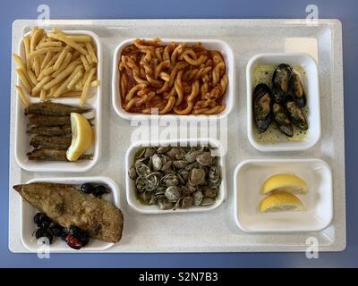 Self service fish restaurant, meal on board Stock Photo