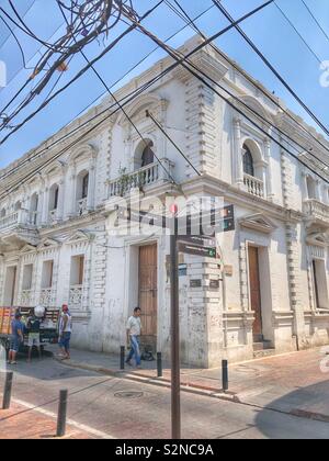 A street corner in Old Town Santa Marta, Colombia. Stock Photo