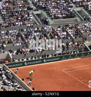 Rafael Nadal waits to return serve at the 2019 French Open, Roland-Garros