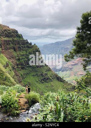 On top of waterfall over canyon. Stock Photo