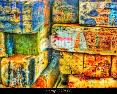 Paint stained wooden blocks Stock Photo