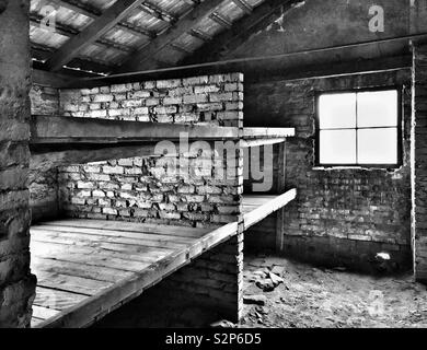 The interior of one of the surviving huts at the Nazi Auschwitz II - Birkenau Concentration Camp-in Poland. This was the sleeping quarters where many people crammed together and some starved to death. Stock Photo