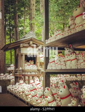 Checking out the birthplace of Japanese beckoning cats/ Lucky cats (Maneki Neko) at Gotokuji temple Stock Photo