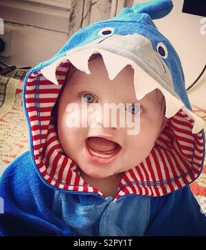 7 month old baby boy in shark towel Stock Photo