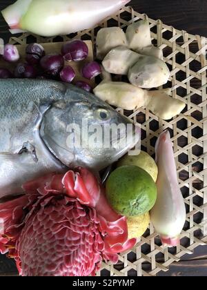 North Borneo local delicacy, Hinava ingredients, White fish, ginger, red onion, torch ginger and limes Stock Photo