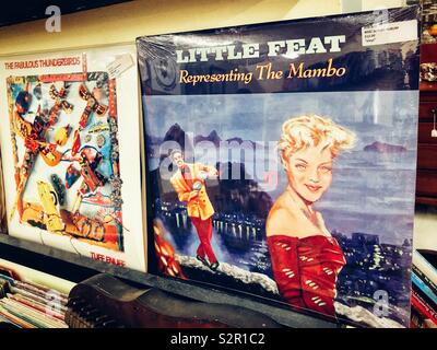 Colorful collectible vinyl record albums on display at flea mall Stock Photo