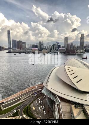 HONG KONG -29 JUN 2019- Aerial view of Hong Kong police getting ready for another day of protests by the Convention Center in Wanchai overlooking Victoria Harbor. Stock Photo
