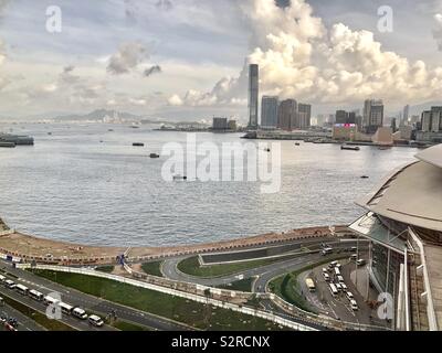 HONG KONG-29 JUN 2019- Aerial view of Hong Kong police getting ready in anticipation of protests near the Convention Center in Wanchai. Stock Photo