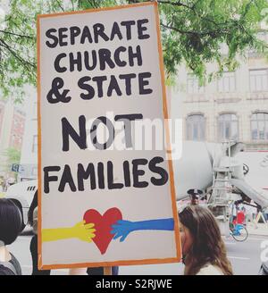 July 2, 2019. Close the Camps Rally, Middle Collegiate Church, Manhattan, New York, New York, United States. A sign reads “Separate Church & State Not Families.” Stock Photo