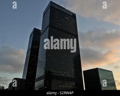 LOS ANGELES, CA, JUN 2019: Paul Hastings and National City skyscrapers at National City Plaza, Financial District, Downtown, sunset. Stock Photo