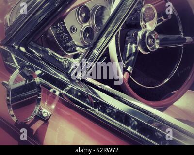 Red classic car drivers side window with retro effect Stock Photo