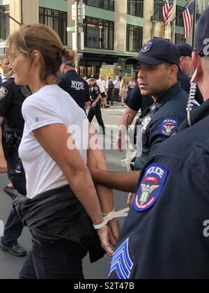 New York City Police arrest people protesting Ice raids at the corner of 42nd street and Fifth Avenue who blocked traffic by sitting in the roadway. Around 50 people were arrested on Monday 7/25/2019. Stock Photo