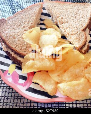 Classic American lunch of tuna sandwich on whole wheat bread with potato chips on a camp and kitschy flamingo plate, USA Stock Photo