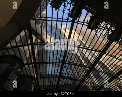 LOS ANGELES, CA, JUN 2019: looking up through windows at curving towers and architecture of the Westin Bonaventure Hotel in Downtown Stock Photo