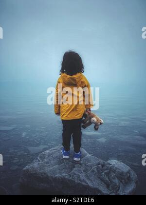 Little girl holding her teddy bear and looking at the lake Stock Photo