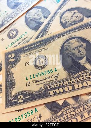 Group of US two dollar bills, close up, United States Stock Photo