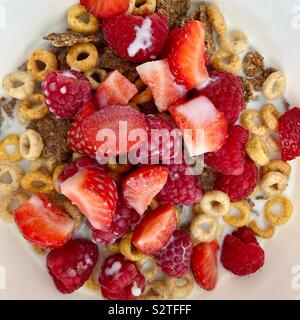 Closeup of bowl of breakfast cereals and fruits with milk seen from above. Stock Photo