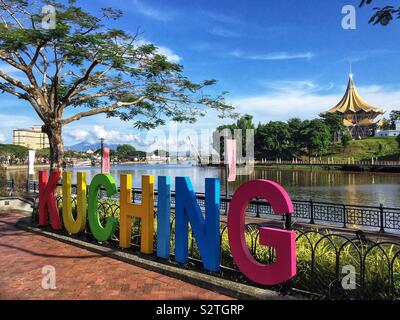 The Waterfront precinct, on the south bank of the Sarawak River, Kuching, Sarawak, Malaysia Stock Photo