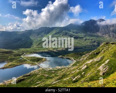 Llyn Llydaw, Snowdonia National Park, with the Miners track crossing it, August. Stock Photo