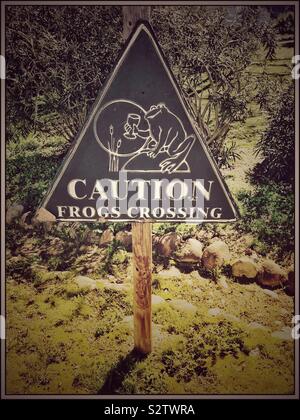 Caution Frogs Crossing sign, Tulbagh, South Africa. Stock Photo