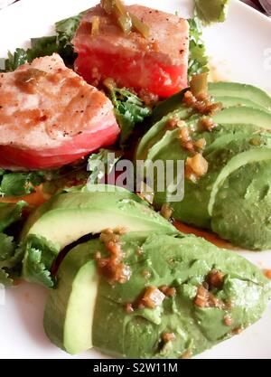 Gourmet entrée of seared Ahi tuna fillet on a bed of cilantro and avocados Stock Photo