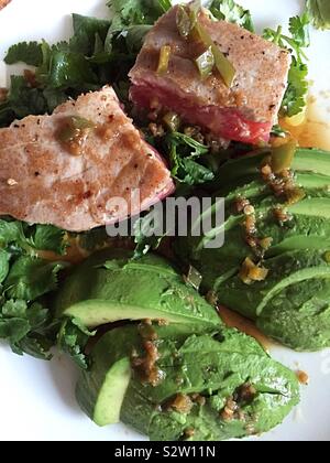 Gourmet entrée of seared   Ahi tuna fillet on a bed of cilantro and avocados. Stock Photo