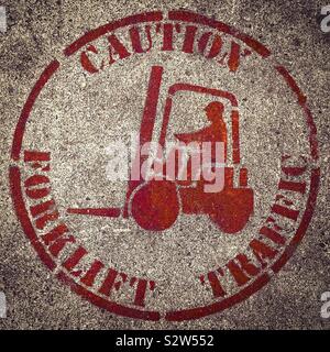 Sidewalk Warning Sign: “Caution Forklift Traffic”. Photo Credit: Ann M. Nicgorski (August 13, 2019). Stock Photo