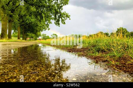 Countryside tree lined Road under a grey Cloudy sky with a rainbow reflected in the surface of the water of a puddle after the rain. Stock Photo