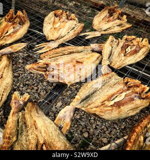 Fish drying on racks outside a dried seafood shop, Teluk Senangin Beach, near Lumut, Perak, Malaysia Stock Photo