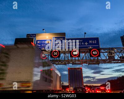 Busy M62 motorway in West Yorkshire at dusk Stock Photo